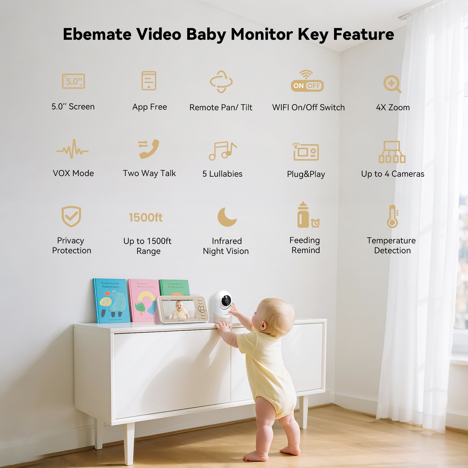 ebemate Video Baby Monitor Camera with 5" LCD Screen Video & Audio No Glow Night Vision,2-Way Talk Audio Cam Baby Monitoring 1500FT Range EBE50P