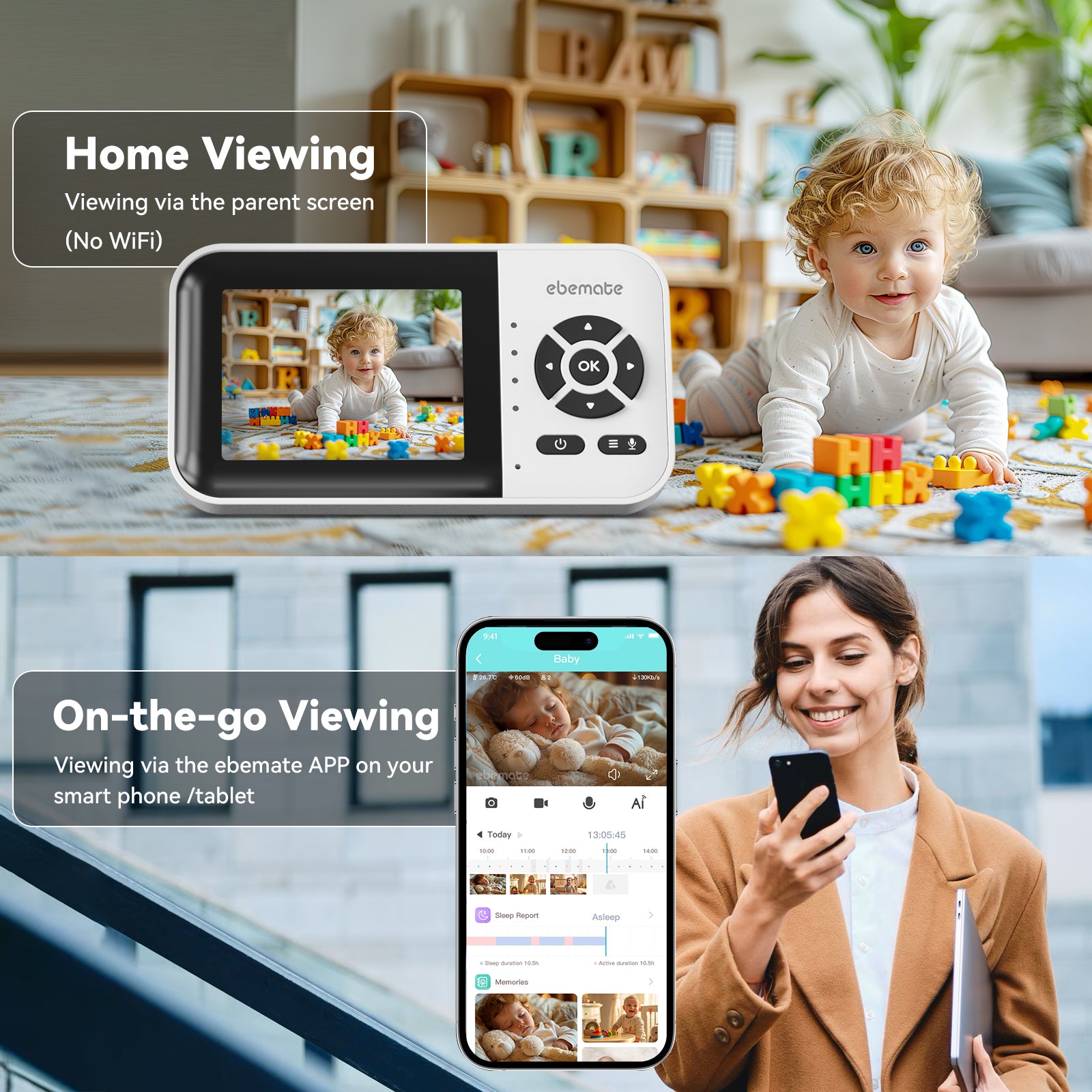 ebemate WiFi Video Baby Monitor,2.8" Display with 1080P Camera,No Glow Night Vision,2-Way Talk & 1200Ft Long Range,WiFi On/Off Cam Baby Monitoring EBS28