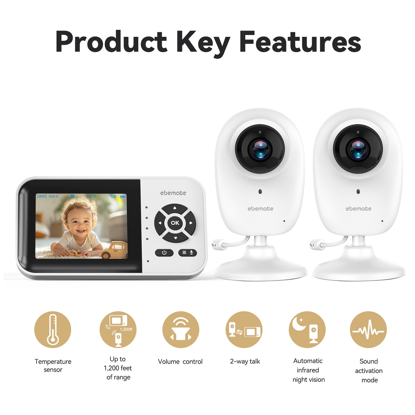 ebemate WiFi Video Baby Monitor with 2 Camera,2.8" Display with 1200Ft Long Range,WiFi On/Off,1080P No Glow Night Vision,2-Way Talk Baby Cam Monitoring EBS28-2