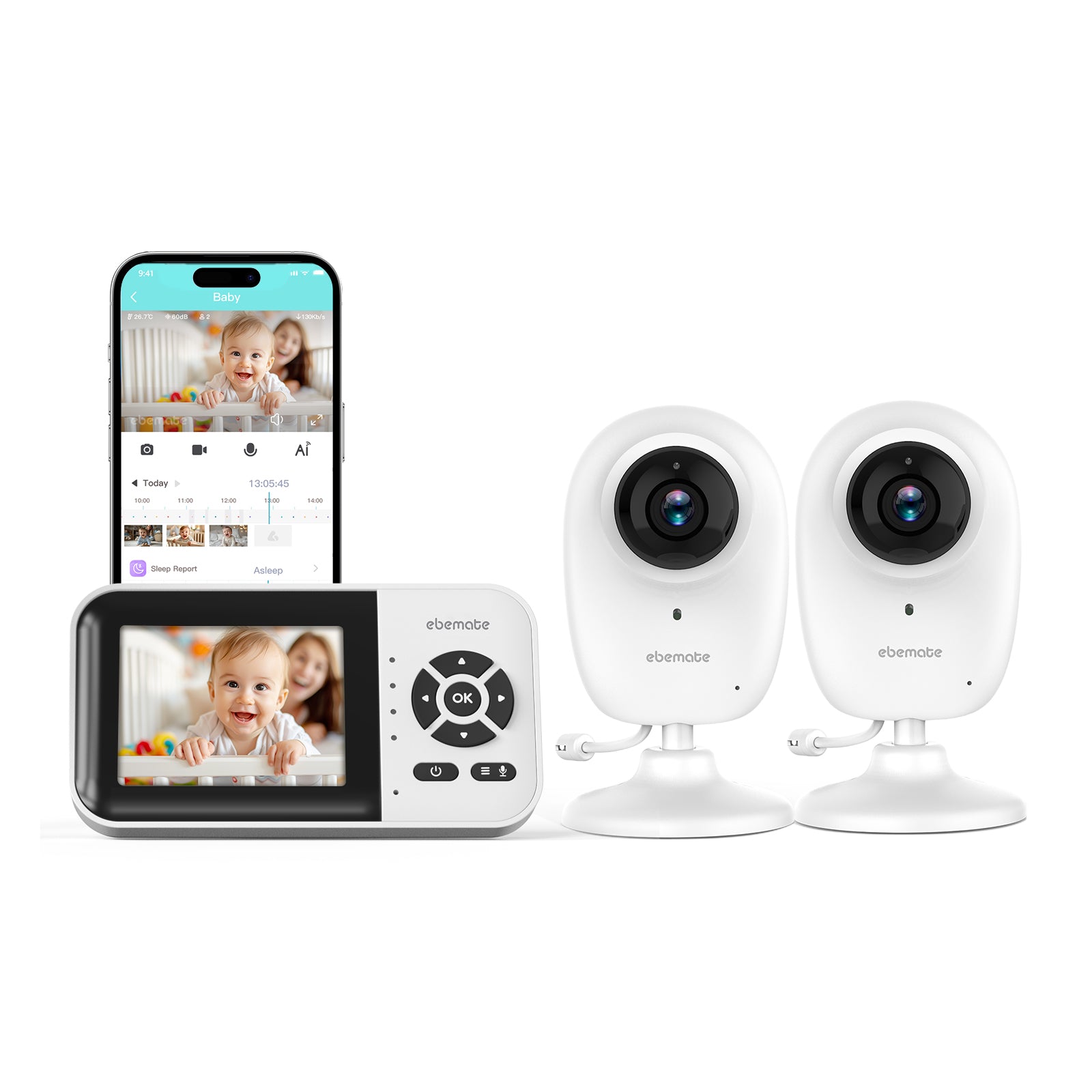 ebemate WiFi Video Baby Monitor with 2 Camera,2.8" Display with 1200Ft Long Range,WiFi On/Off,1080P No Glow Night Vision,2-Way Talk Baby Cam Monitoring EBS28-2