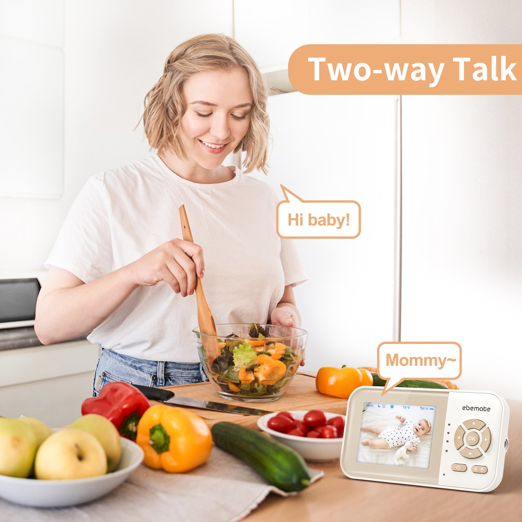ebemate Video Baby Monitor Camera with 2.8" LCD Screen Video & Audio No Glow Night Vision,2-Way Talk Audio Cam Baby Monitoring 1200FT Range EBE28