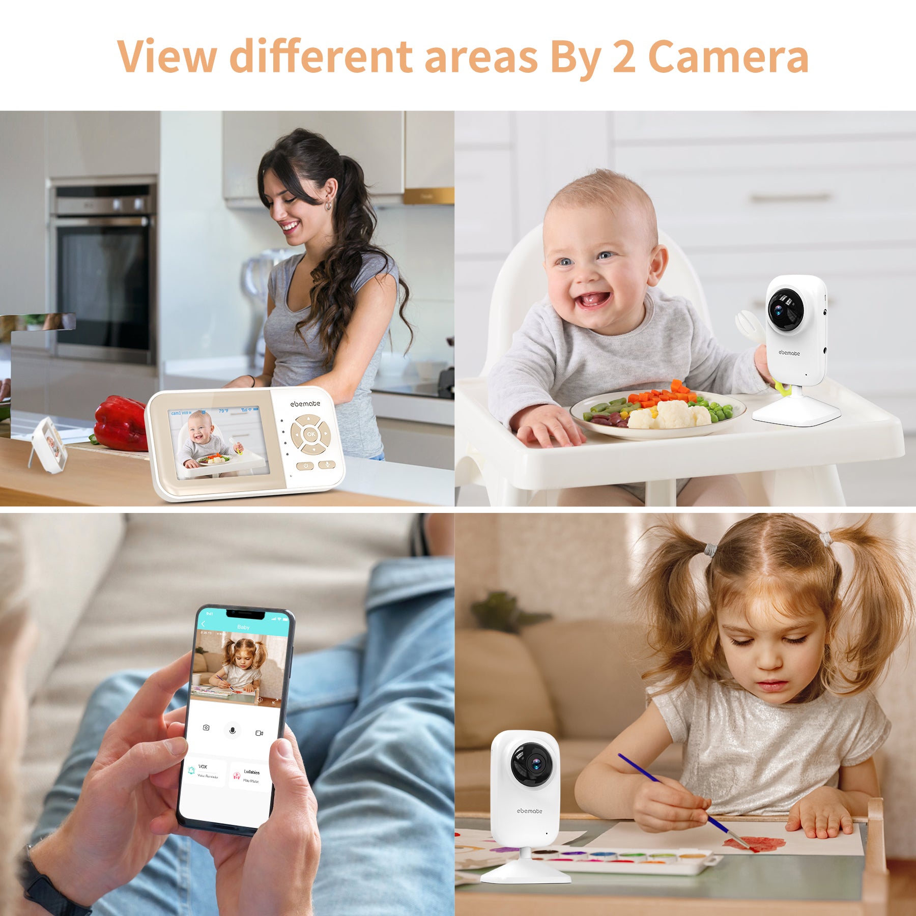 ebemate Video Baby Monitor Camera with 2 Camera,2.8" LCD Screen Video & Audio No Glow Night Vision,2-Way Talk Audio Cam Baby Monitoring 1200FT Range EBE28-2
