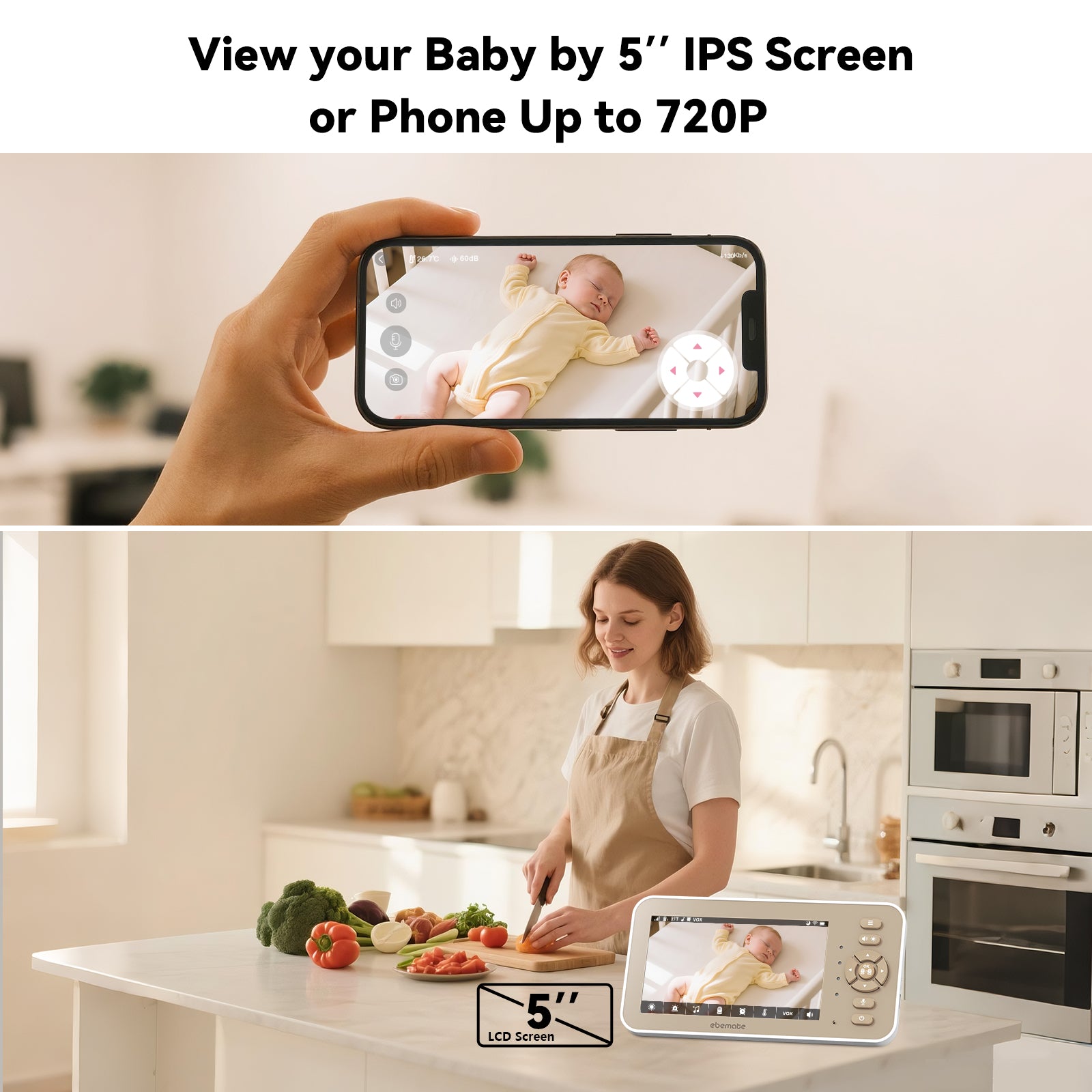 ebemate Video Baby Monitor Camera with 5" LCD Screen Video & Audio No Glow Night Vision,2-Way Talk Audio Cam Baby Monitoring 1500FT Range EBE50P