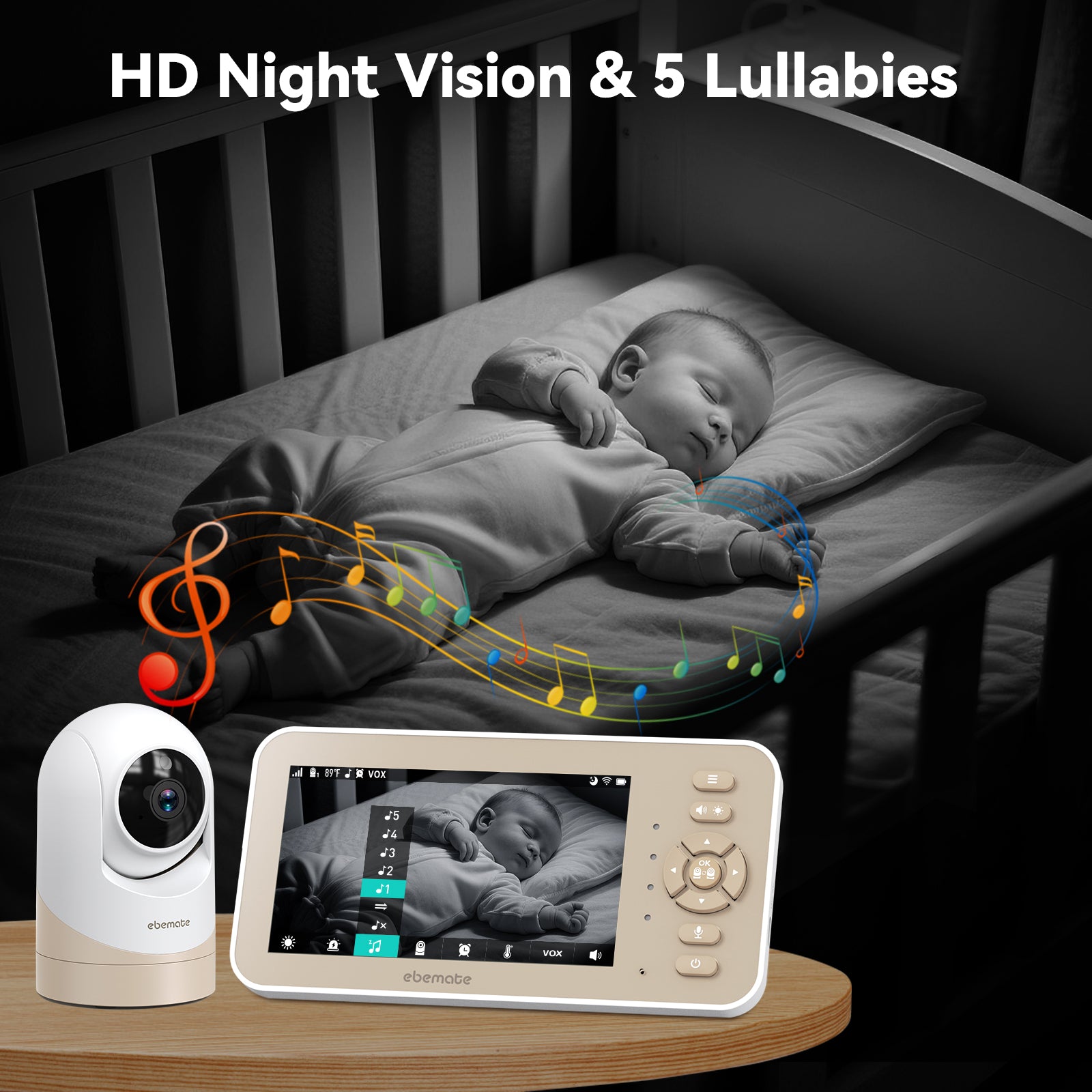 ebemate Video Baby Monitor Camera with 5" LCD Screen Video & Audio No Glow Night Vision,2-Way Talk Audio Cam Baby Monitoring 1500FT Range EBE50P